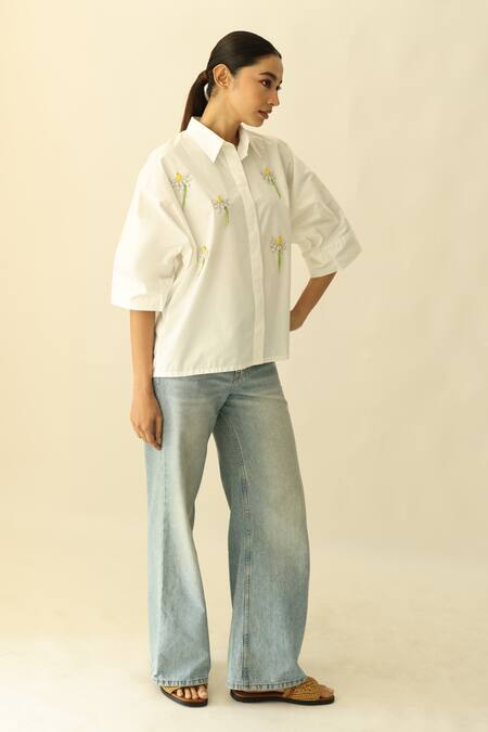 Buy_Studio Moda India_White Cotton Applique, Embroidery Collared The Bloomveil Shirt _Online_at_Aza_Fashions