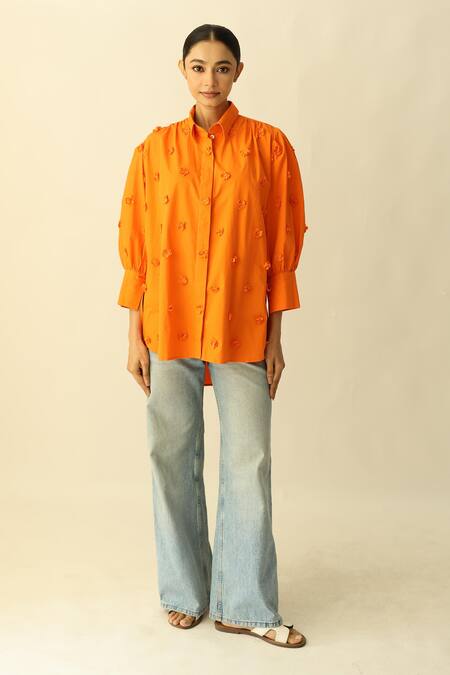 Studio Moda India_Orange Cotton Embroidery Collared The Flowerfield Shirt _Online_at_Aza_Fashions