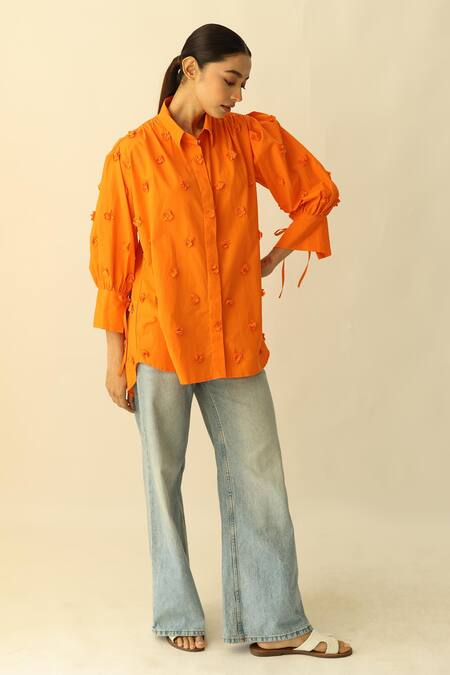 Buy_Studio Moda India_Orange Cotton Embroidery Collared The Flowerfield Shirt _Online_at_Aza_Fashions