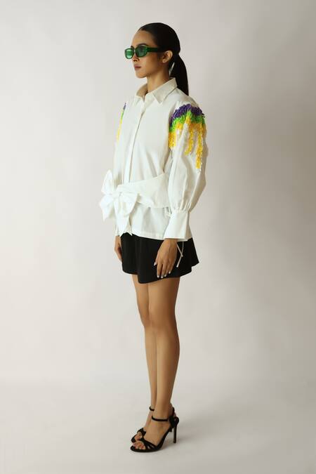 Buy_Studio Moda India_White Cotton Collared Tie Up Petal Shirt _Online_at_Aza_Fashions