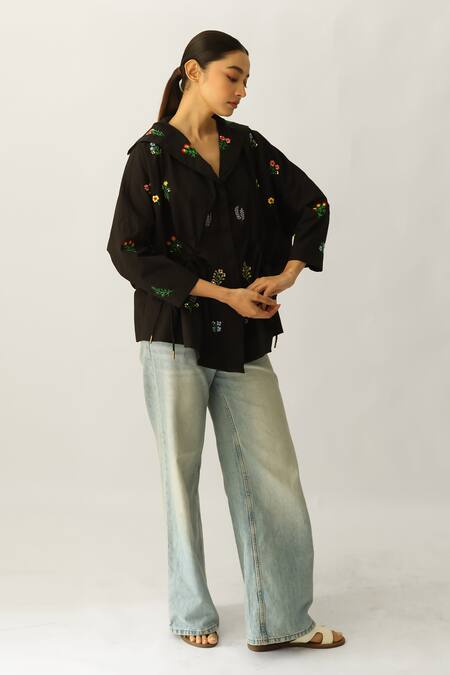 Studio Moda India_Black Cotton Embroidery V-neck The Eden Jacket _Online_at_Aza_Fashions