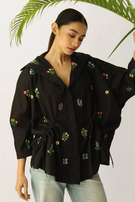 Buy_Studio Moda India_Black Cotton Embroidery V-neck The Eden Jacket _Online_at_Aza_Fashions