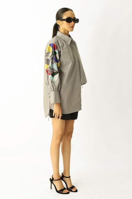 Studio Moda India_Gray Cotton Beads Collared The Prism Sleeve Shirt _Online_at_Aza_Fashions