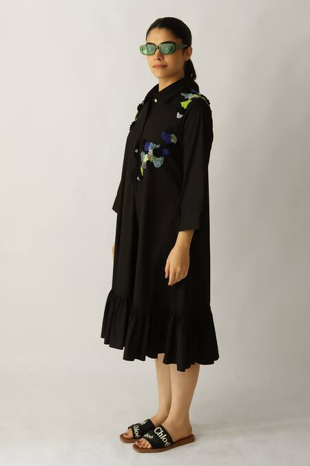 Studio Moda India_Black Cotton Patchwork, Embroidery Collared The Patch Verse Dress _Online_at_Aza_Fashions