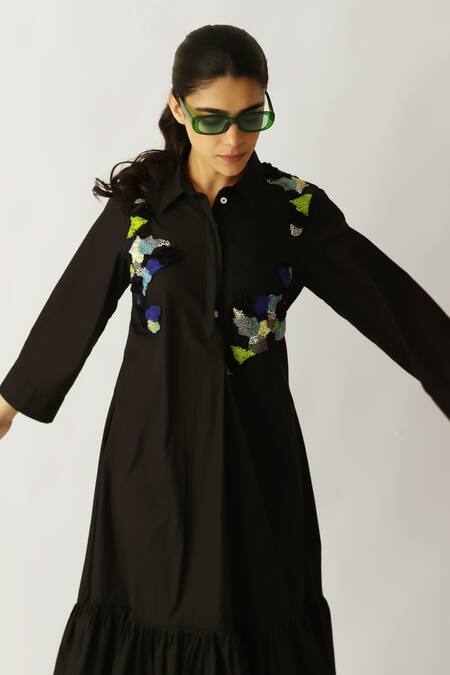 Buy_Studio Moda India_Black Cotton Patchwork, Embroidery Collared The Patch Verse Dress _Online_at_Aza_Fashions