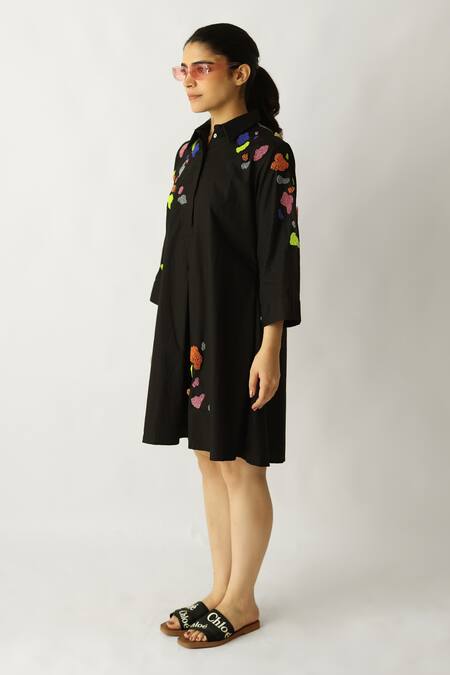 Studio Moda India_Black Cotton Beads Collared The Nebula Work Dress _Online_at_Aza_Fashions