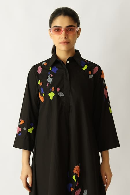 Buy_Studio Moda India_Black Cotton Beads Collared The Nebula Work Dress _Online_at_Aza_Fashions