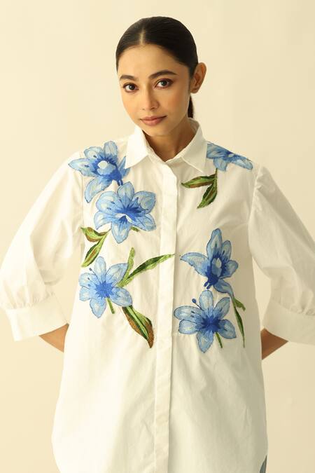 Studio Moda India White Cotton Embroidery Collared Lily Shirt Online at Aza Fashions Studio Moda India_White Cotton Embroidery Collared Lily Shirt _Online_at_Aza_Fashions