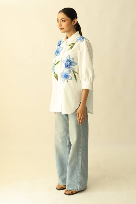 Shop_Studio Moda India_White Cotton Embroidery Collared Lily Shirt _Online_at_Aza_Fashions