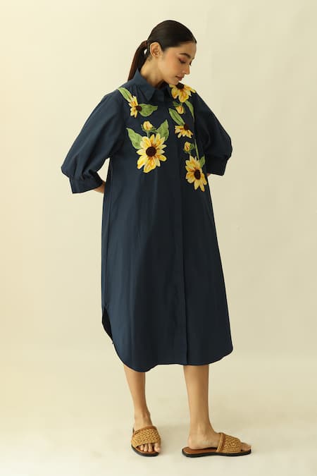 Studio Moda India_Navy Cotton Embroidery Collared The Meadowlight Dress _Online_at_Aza_Fashions