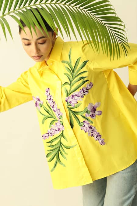 Studio Moda India_Yellow Cotton Embroidery Collared The Whisper Orchid Shirt _Online_at_Aza_Fashions