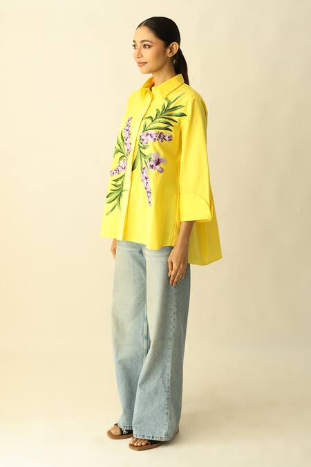 Buy_Studio Moda India_Yellow Cotton Embroidery Collared The Whisper Orchid Shirt _Online_at_Aza_Fashions