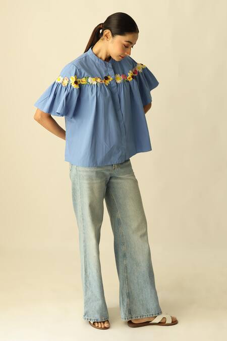 Studio Moda India_Blue Cotton Embroidery, Fabric Flowers Mandarin The Florine Gathered Shirt _Online_at_Aza_Fashions