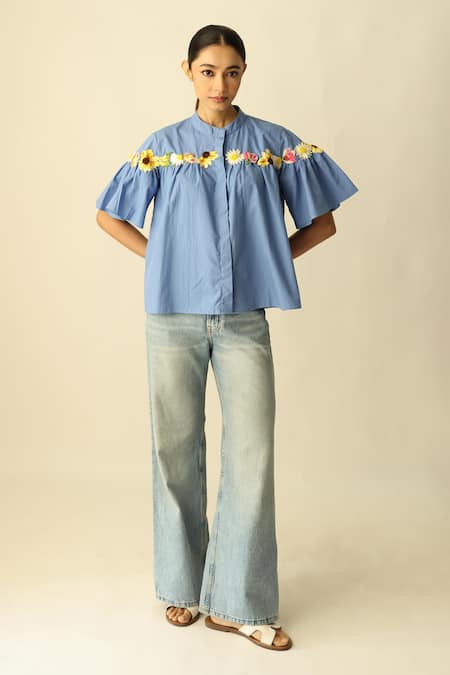 Buy_Studio Moda India_Blue Cotton Embroidery, Fabric Flowers Mandarin The Florine Gathered Shirt _Online_at_Aza_Fashions