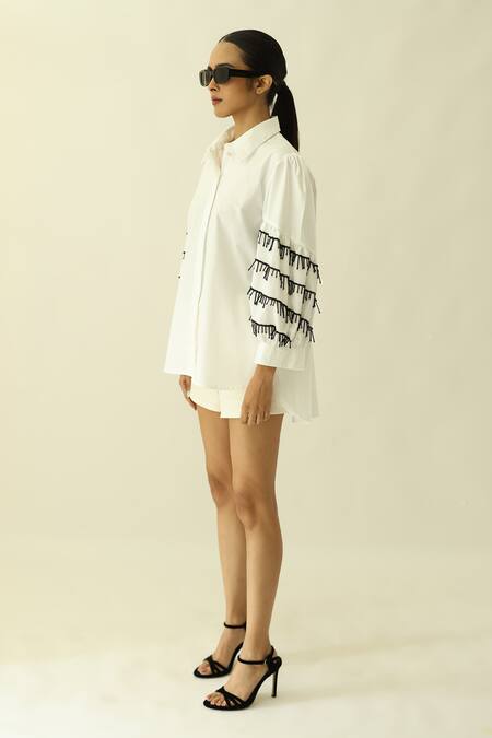 Studio Moda India_White Cotton Collared The Contour Pipe Work Shirt _Online_at_Aza_Fashions