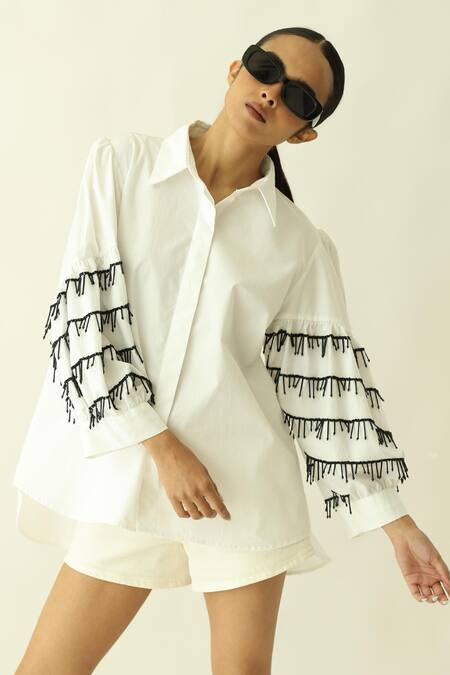 Buy_Studio Moda India_White Cotton Collared The Contour Pipe Work Shirt _Online_at_Aza_Fashions