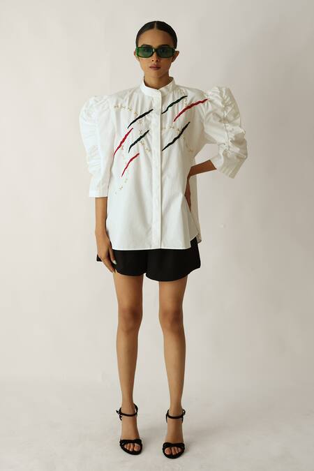 Studio Moda India_White Cotton Beads Mandarin Collar The Rill Puff Sleeve Shirt _Online_at_Aza_Fashions