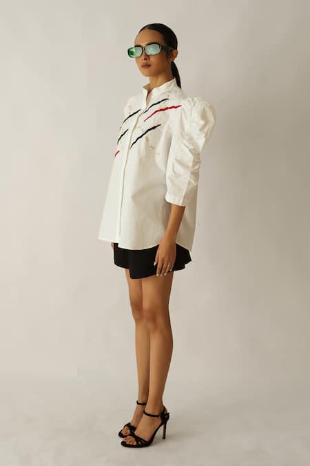 Buy_Studio Moda India_White Cotton Beads Mandarin Collar The Rill Puff Sleeve Shirt _Online_at_Aza_Fashions
