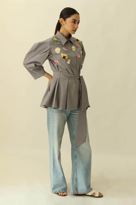 Studio Moda India_Gray Cotton Patchwork, Embroidery Collared The Florula Shirt _Online_at_Aza_Fashions