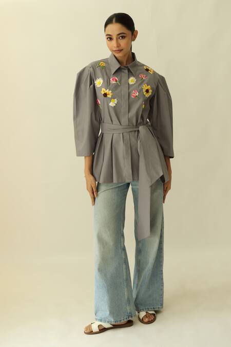 Buy_Studio Moda India_Gray Cotton Patchwork, Embroidery Collared The Florula Shirt _Online_at_Aza_Fashions