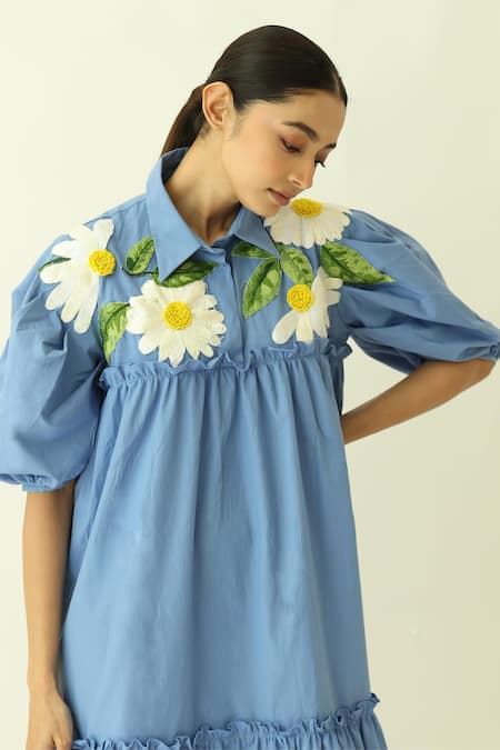 Buy_Studio Moda India_Blue Cotton Embroidery Collared The Gardenia Dress _Online_at_Aza_Fashions