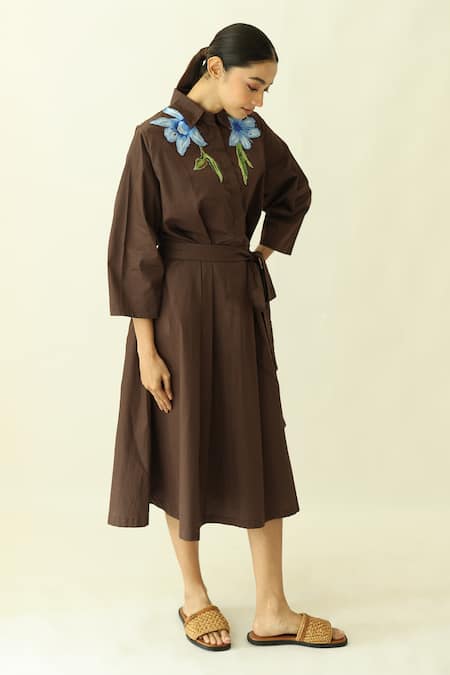 Studio Moda India_Brown Cotton Embroidery Collared The Floradusk Dress _Online_at_Aza_Fashions