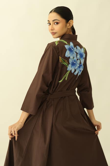 Buy_Studio Moda India_Brown Cotton Embroidery Collared The Floradusk Dress _Online_at_Aza_Fashions