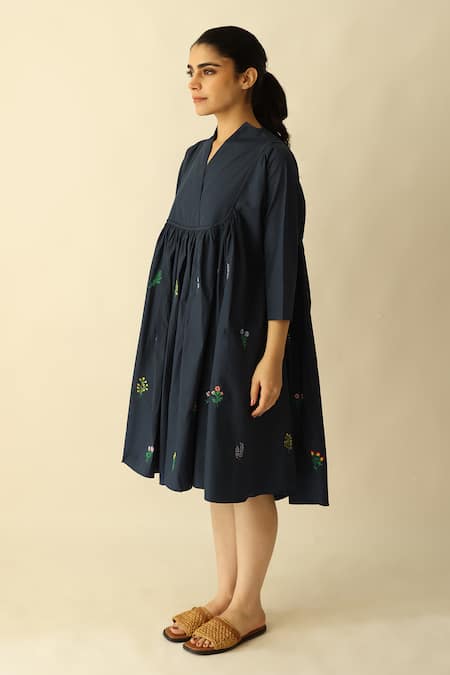 Studio Moda India_Blue Cotton Embroidery V-neck The Bloomthread Dress _Online_at_Aza_Fashions