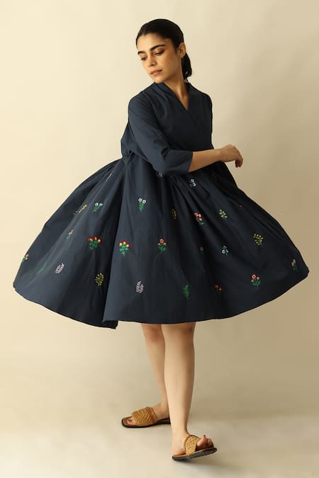 Buy_Studio Moda India_Blue Cotton Embroidery V-neck The Bloomthread Dress _Online_at_Aza_Fashions