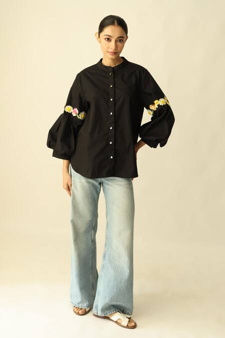 Studio Moda India_Black Cotton Applique Mandarin Collar The Florae Embroidered Shirt _Online_at_Aza_Fashions