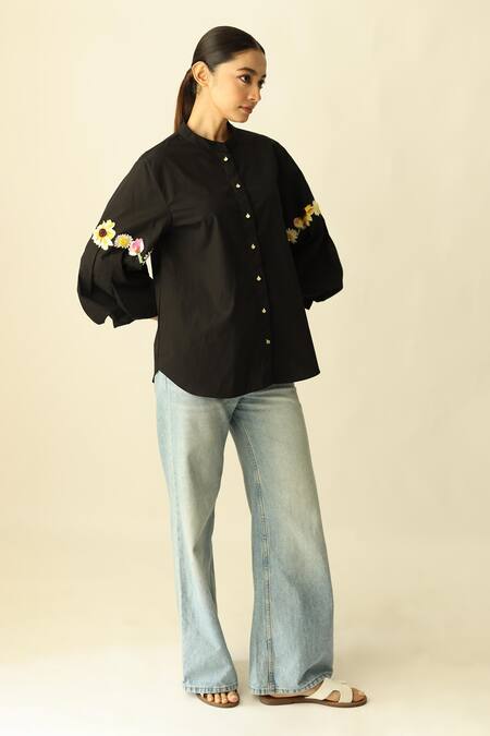Buy_Studio Moda India_Black Cotton Applique Mandarin Collar The Florae Embroidered Shirt _Online_at_Aza_Fashions