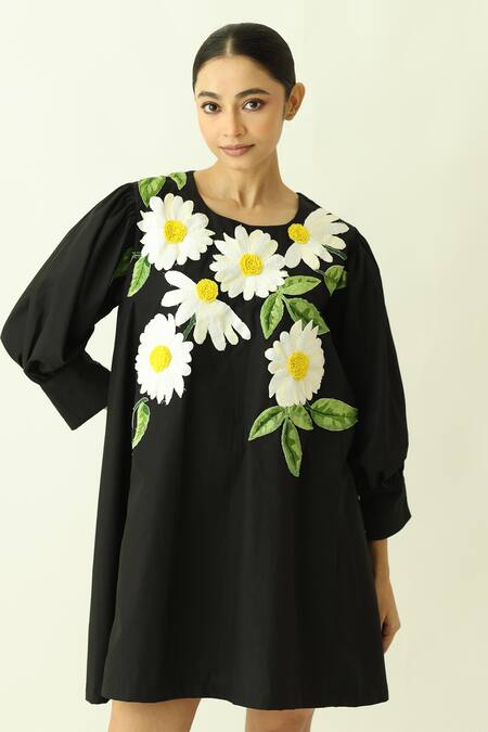 Studio Moda India_Black Cotton Embroidery Round Neck The Fleuron Dress _Online_at_Aza_Fashions