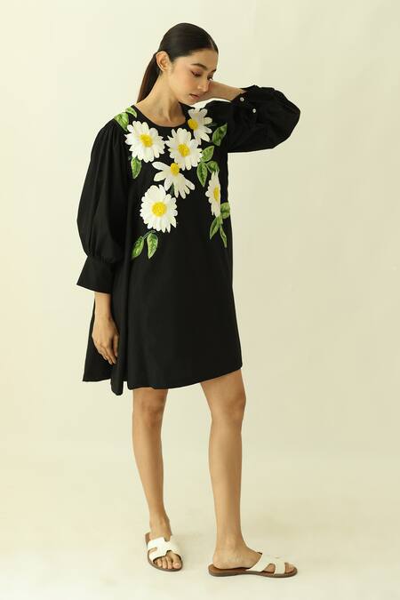 Buy_Studio Moda India_Black Cotton Embroidery Round Neck The Fleuron Dress _Online_at_Aza_Fashions