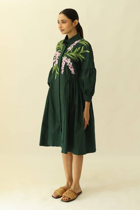 Studio Moda India_Green Cotton Embroidery Collared The Florent Dress _Online_at_Aza_Fashions