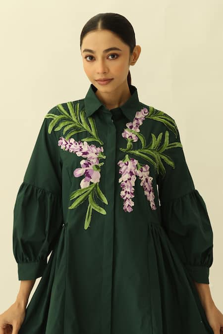 Buy_Studio Moda India_Green Cotton Embroidery Collared The Florent Dress _Online_at_Aza_Fashions