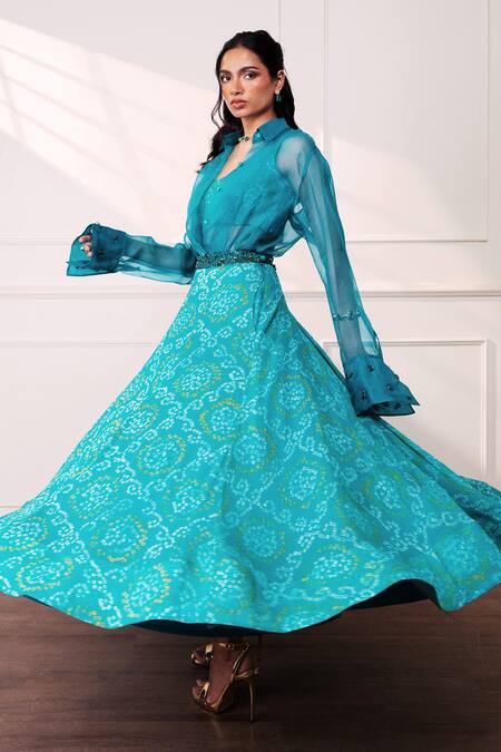 Style Junkiie_Teal Crepe Embroidery The Knot Seafoam Lehenga _Online_at_Aza_Fashions