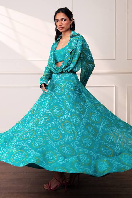 Buy_Style Junkiie_Teal Crepe Embroidery The Knot Seafoam Lehenga _Online_at_Aza_Fashions