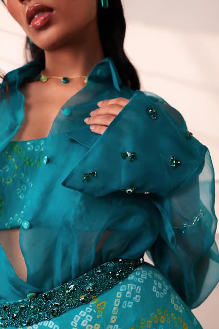 Style Junkiie_Teal Organza Rhinestones Collared Seafoam Sheer Shirt _Online_at_Aza_Fashions