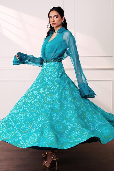 Buy_Style Junkiie_Teal Organza Rhinestones Collared Seafoam Sheer Shirt _Online_at_Aza_Fashions