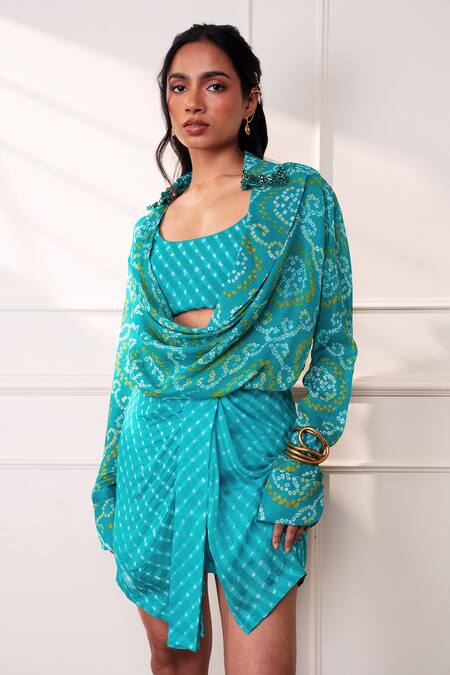 Shop_Style Junkiie_Teal Crepe Embroidery Scoop Neck The Knot Seafoam Bustier _Online_at_Aza_Fashions