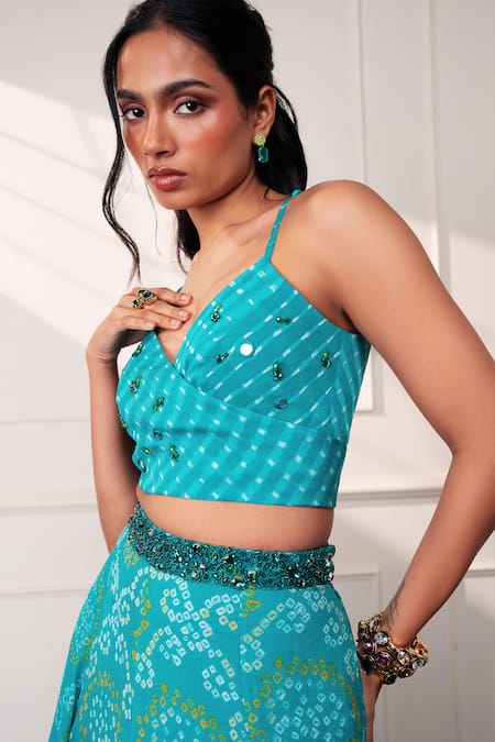 Buy_Style Junkiie_Teal Crepe Embroidery, Mirrors V-neck The Knot Seafoam Wrap Top _Online_at_Aza_Fashions