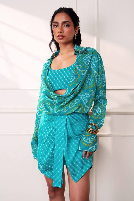 Buy_Style Junkiie_Teal Crepe The Knot Seafoam Skorts _Online_at_Aza_Fashions