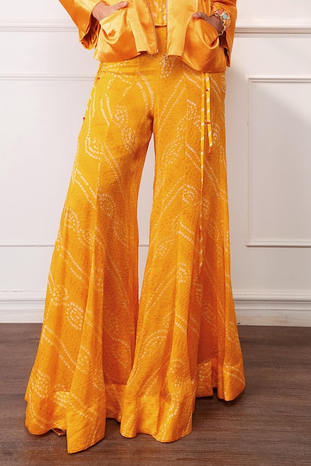 Style Junkiie_Orange Crepe, Satin Fringe Bandeau Neck The Knot Marigold Patchwork Corset _Online_at_Aza_Fashions