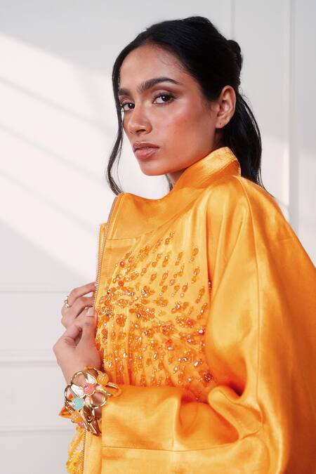 Style Junkiie_Orange Satin, Georgette Beads, Sequins, Patchwork High The Knot Marigold Jacket _Online_at_Aza_Fashions