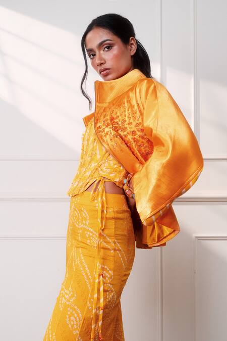 Buy_Style Junkiie_Orange Satin, Georgette Beads, Sequins, Patchwork High The Knot Marigold Jacket _Online_at_Aza_Fashions
