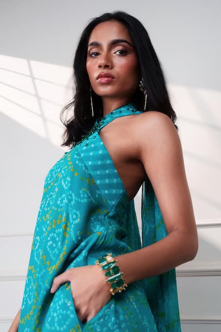 Buy_Style Junkiie_Teal Crepe Beads Halter Neck The Knot Seafoam Cascade Jumpsuit _Online_at_Aza_Fashions