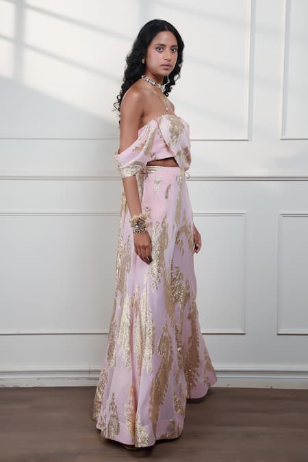 Style Junkiie_Pink Georgette, Crepe Petal Paisley Sharara _Online_at_Aza_Fashions