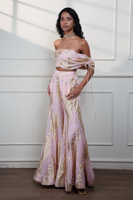 Buy_Style Junkiie_Pink Georgette, Crepe Petal Paisley Sharara _Online_at_Aza_Fashions