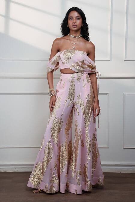 Shop_Style Junkiie_Pink Georgette, Crepe Petal Paisley Sharara _Online_at_Aza_Fashions