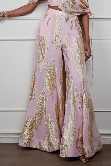 Style Junkiie_Pink Georgette, Crepe Petal Paisley Sharara _at_Aza_Fashions